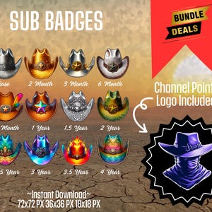 Puede incluir: Un conjunto de 10 insignias de sombrero de vaquero de colores para los suscriptores del canal de Twitch. Las insignias presentan diferentes colores y diseños, incluyendo estrellas, gemas y plumas. Las insignias están disponibles en varios tamaños, incluyendo 72x72 píxeles, 36x36 píxeles y 18x18 píxeles. El texto "Channel Points Logo Included!" también es visible en la imagen.