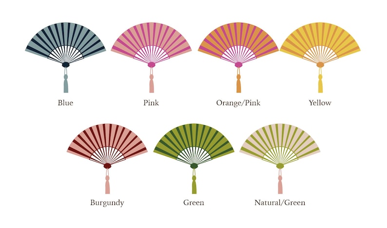 May include: A collection of eight hand fans in various colors, including blue, pink, orange/pink, yellow, burgundy, green, and natural/green. Each fan has a tassel and is labeled with its color.