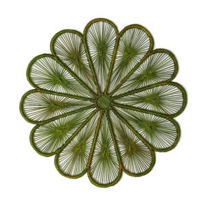 Può includere: Un sottopentola verde a forma di fiore. È realizzato con fili intrecciati, con un motivo circolare centrale e forme a petalo che si irradiano verso l'esterno. Il colore è un verde vibrante con tocchi di marrone.