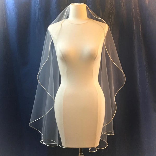 Satin Cord Trim Wedding Veil: Cascade Cut Fingertip Length