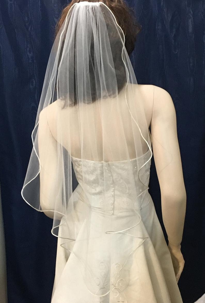 Fingertip length Cascading Angel style wedding veil Sale Satin Cord Trim