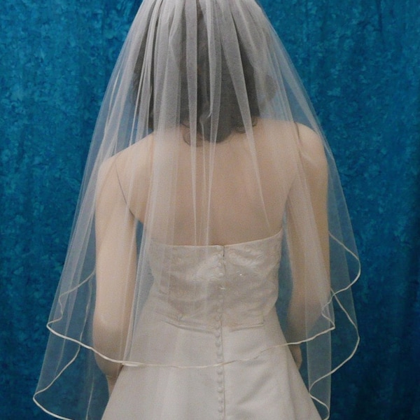 2 Tier classic cut bridal wedding  veil fingertip length trimmed with 1/8" wide satin ribbon trim Sale