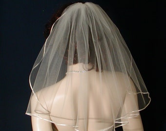 1 tier Shoulder length, 18 inches long,  Flyaway Bridal Veil trimmed with a tiny,  delicate Satin Ribbon Sale