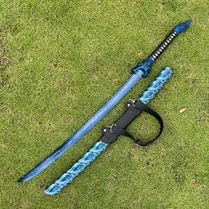 Handmade Japanese Samurai Katana Sword: Blue Lightning Blade, Leopard Tsuba