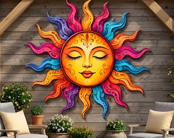 Sun Face Metal Wall Art, Rustic Sun Wall Decor, Outdoor Patio Decor, Celestial Sun Sculpture