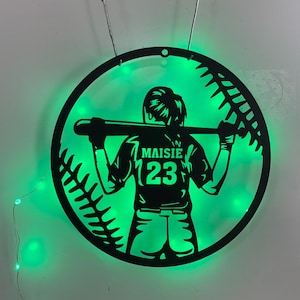 Luces LED de pared de metal con diseño de béisbol para niña personalizadas, letrero con nombre de jugador de softbol personalizado, decoración de guardería para niños amantes del béisbol, letrero de softbol