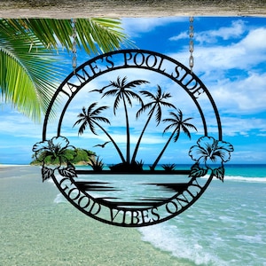 Custom Beach House Name Metal Sign, Personalized Palm Tree Metal Sign Home Decor, Sunset Palm Trees, Wall Art, Metal Name Sign, Gift for Her