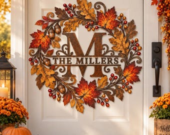 Personalized Fall Metal Wreath, Custom Family Name Monogram Sign, Autumn Leaf Front Door Decor, Harvest Porch Wall