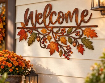 Rustic Fall Welcome Sign, Autumn Metal Wall Decor, Maple Leaf and Acorn Art, Front Porch Harvest Decor
