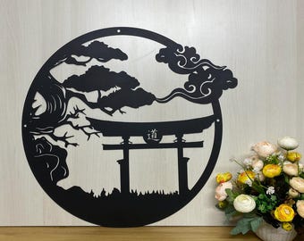 May include: Black metal wall art featuring a Japanese torii gate, a pine tree, and clouds. The gate has the word "道" (pronounced "dou") written on it, which means "way" or "path".