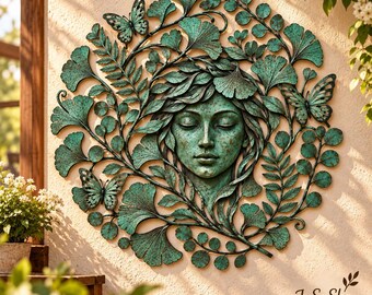 Botanical Goddess Metal Wall Art, Teal Floral Face Decor With Ginkgo Leaves And Butterflies For Garden Or Porch