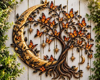 Butterfly Tree and Moon Wall Decor, Celestial Metal Art, Star Garden Hanging, Rustic Outdoor Patio Decor