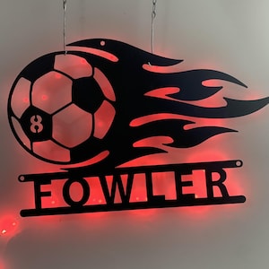 Custom Flamed Soccer Ball Metal Wall Art LED Lights, Personalized Football Player Metal Name Sign, Soccer Team Football Club Metal Wall Sign
