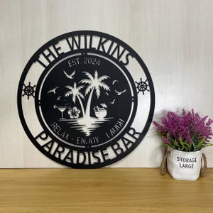Personalized Poolside Paradise Metal Wall Art, Custom Palm Tree Beach House Sign Family Name Sign,Patio Decor Tiki Bar Sign Outdoor Decor