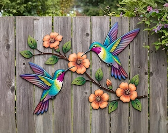 Colorful Hummingbird Metal Art, Outdoor Garden Wall Decor, Bird and Flower Sculpture, Fence Hanging Ornament