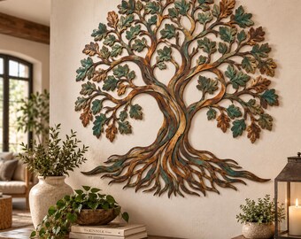 Rustic Oak Tree Metal Wall Decor, Tree of Life Wall Art, Botanical Nature Sculpture, Farmhouse Living Room Decor
