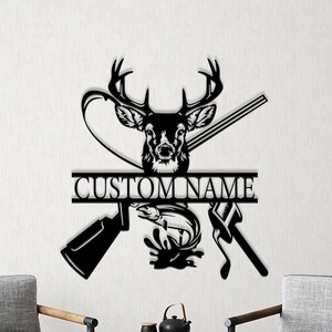 Letrero de metal personalizado con ciervos en el bosque, letrero de metal para cabaña, regalo de cazador de ciervos, decoración de caza al aire libre, arte sobre chimenea, regalo personalizado con monograma de ciervo