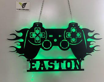 Benutzerdefinierte Game Controller Metall Wand Kunst mit LED-Leuchten, personalisierte Gamer Namensschild, Spiel Zone Kinderzimmer Dekor Spielzimmer Dekor Geschenk für ihn