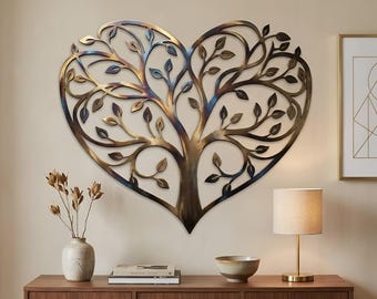 Metal Wall Art levensboom, hartvorm boomdecor, familie liefde muur hangen, rustiek huisdecor
