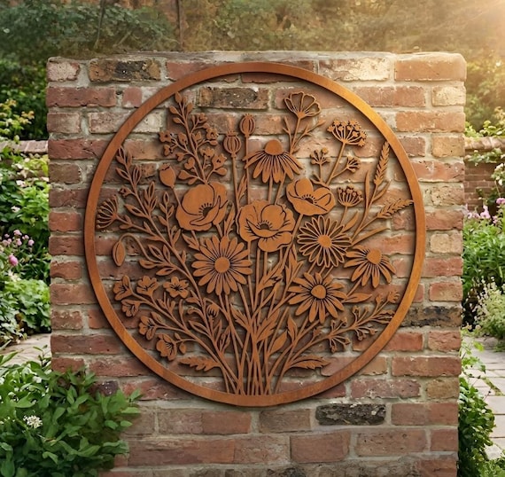 Wildflower Metal Wall Art, Floral Garden Wall Decor, Rustic Outdoor Wall Hanging, Botanical Metal Sign