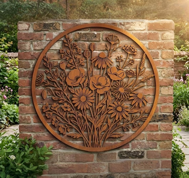 May include: A circular metal wall art piece featuring a laser-cut design of a wildflower bouquet. The artwork displays various flowers, including poppies and daisies, with stems and leaves arranged within a solid round frame in a rust-brown finish.