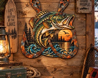 Bass Fishing Metal Wall Art, Lake House Decor, Rustic Fisherman Wall Hanging, Fishing Cabin Gift, Outdoor Sports Art
