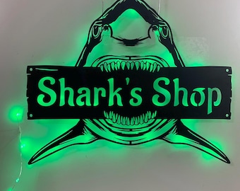 Custom White Shark Metal Wall Art LED Light, Personalized Shark Metal Sign, Shark Metal Wall Decor, Metal Shark Art Beach House Decor
