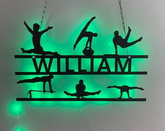 Custom Gymnastics Male Metal Wall Art LED Lights, Personalized Male Gymnast Name Sign, Gymnastics Sport Kid Room Decor Gift for him