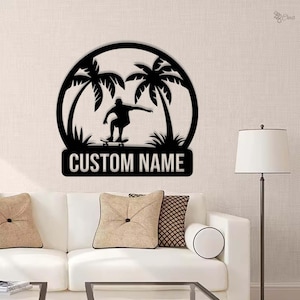 Monopatín metálico personalizado, monopatín metálico de palmera, letrero de monopatín tropical, arte de pared para patinadores, decoración de habitación para patinadores, regalo de monopatín