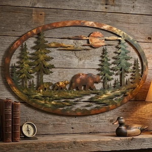 Bear Family Metal Wall Art, Rustic Forest Scene With Pine Trees And Sunset For Cabin, Lodge Or Fireplace Decor