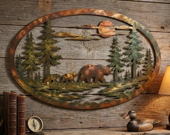 Bear Family Metal Wall Art, Rustic Forest Scene With Pine Trees And Sunset For Cabin, Lodge Or Fireplace Decor