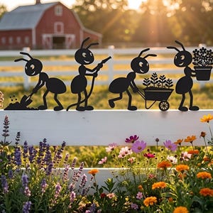 Può includere: Opere d'arte da giardino a forma di formica in metallo nero che raffigurano formiche che lavorano in un giardino. Una formica sta scavando, un'altra innaffiando, una terza che spinge una carriola di piante e l'ultima che trasporta un vaso di fiori. L'arte è montata su una staccionata bianca con un fienile rosso sullo sfondo.