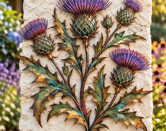 Thistle Flower Metal Wall Art, Rustic Botanical Decor With Purple Blooms And Teal Leaves For Garden Or Porch