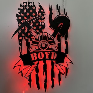 Personalized Coal Mining US Flag Metal Wall Art LED Lights, Custom Coal Miner Metal Name Sign, US Flag Mining Man Cave Metal Wall Led Decor