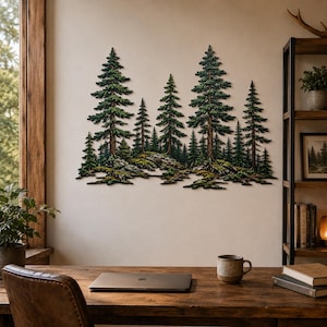 May include: A wall-mounted metal art piece depicting a dense forest scene with multiple evergreen trees of varying heights. The artwork features detailed textures on the tree trunks and foliage, rendered in shades of deep green, brown, and black.