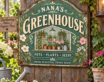 Personalized Garden Sign, Custom Greenhouse Wall Art, Vintage Flower and Plant Decor, Gardening Gift for Grandma