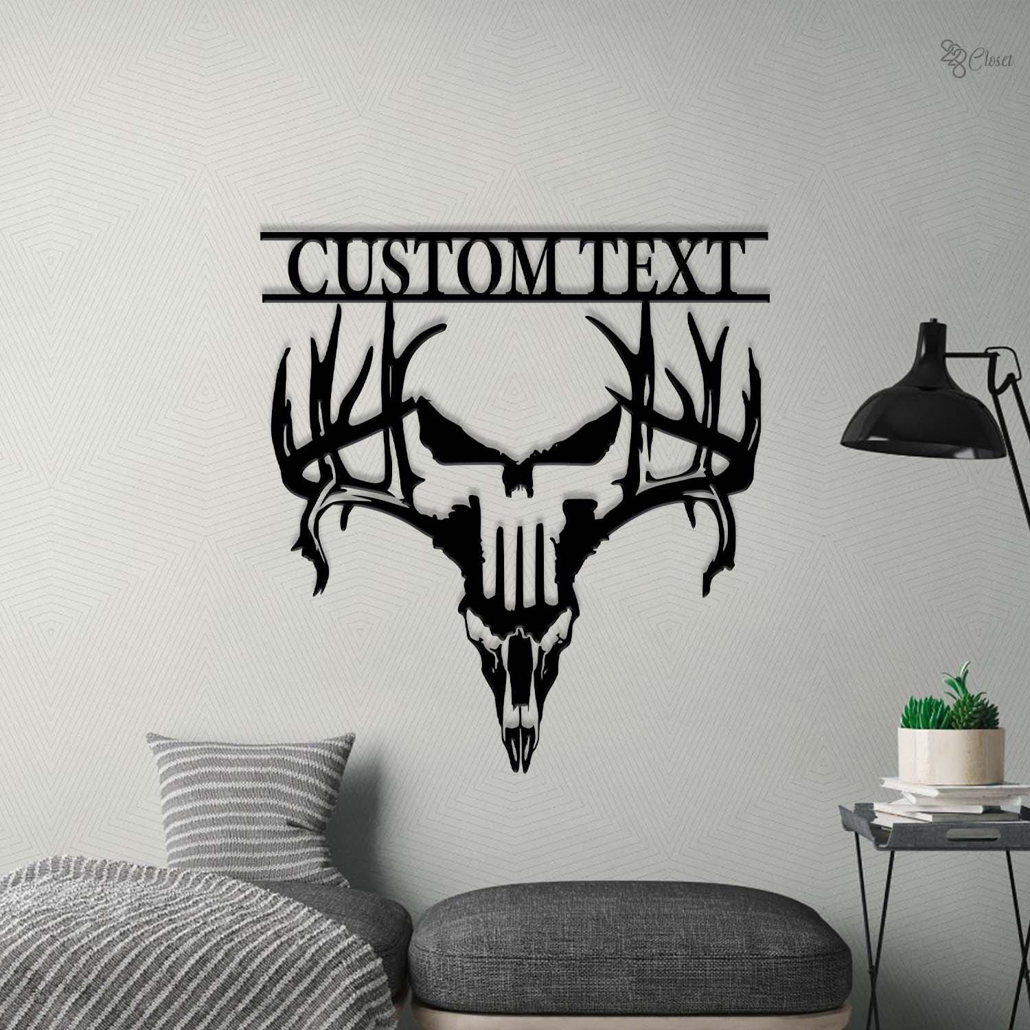 Enseigne en métal personnalisée en bois de cervidé, mur de tête de mort de cerf, cadeau de chasseur, signe de bois de tête de mort, art mural de chasse, cadeau pour papa, mur de faune, décor de ramure