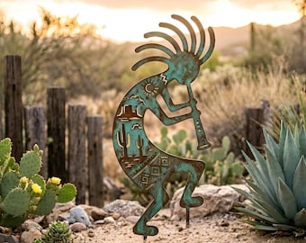 Metall Kokopelli Gartenkunst, Südwest-Dekor, Wüsten-Yard-Pfahl, rustikale Außenskulptur, Native inspirierte Verzierung