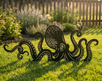 Metal Octopus Garden Stake, Outdoor Decor Nautical Yard Art Sculpture Custom Garden Decor