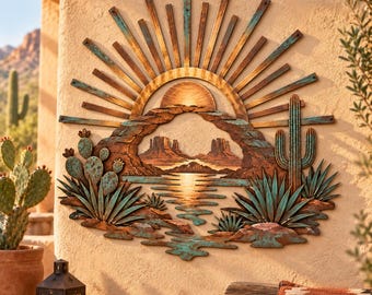 Southwestern Metal Wall Art, Desert Arch and Cactus Decor, Rustic Sunburst Landscape, Boho Western Home Decor