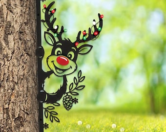 Funny Peek-a-Boo Sleigh Metal Sign – Xmas Tree Yard Decor, Christmas Door Hanging Outdoor Steel Cutout for Garden Xmas Gifts