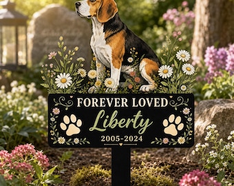 Beagle Memorial Garden Stake, Personalized Dog Name Metal Yard Sign With Flowers, Paw Prints And Dates