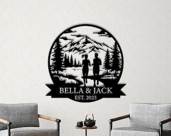 Panneau en métal personnalisé de course sur sentier pour couple, panneau mural personnalisé pour nom de famille, décoration d&#39;intérieur, décoration de marathon, cadeau d&#39;anniversaire de Noël, course à pied