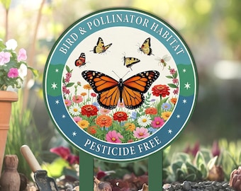 Pollinator Garden Metal Sign, Butterfly Bee Habitat Sign, Pesticide Free Yard Decor, Gift for mom, Butterfly Bee Habitat, Butterfly bee sign