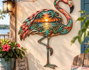Tropical Flamingo Wall Art, Metal Coastal Decor, Sunset Palm Tree Scene, Beach Cottage Wall Hanging, Flamingo Gift