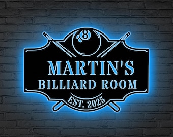 Letrero de billar metálico personalizado con LED, letrero para sala de billar, arte mural de billar personalizado, letrero con nombre de familia, letrero para sala de billar, regalo para papá