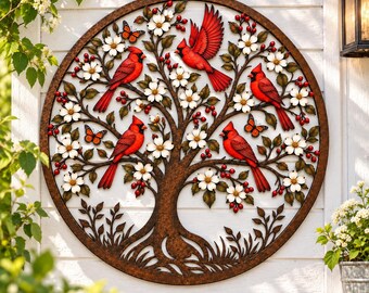 Cardinal Family Wall Decor, Metal Bird Tree Art, Floral Garden Wall Hanging, Nature Inspired Gift for Bird Lover