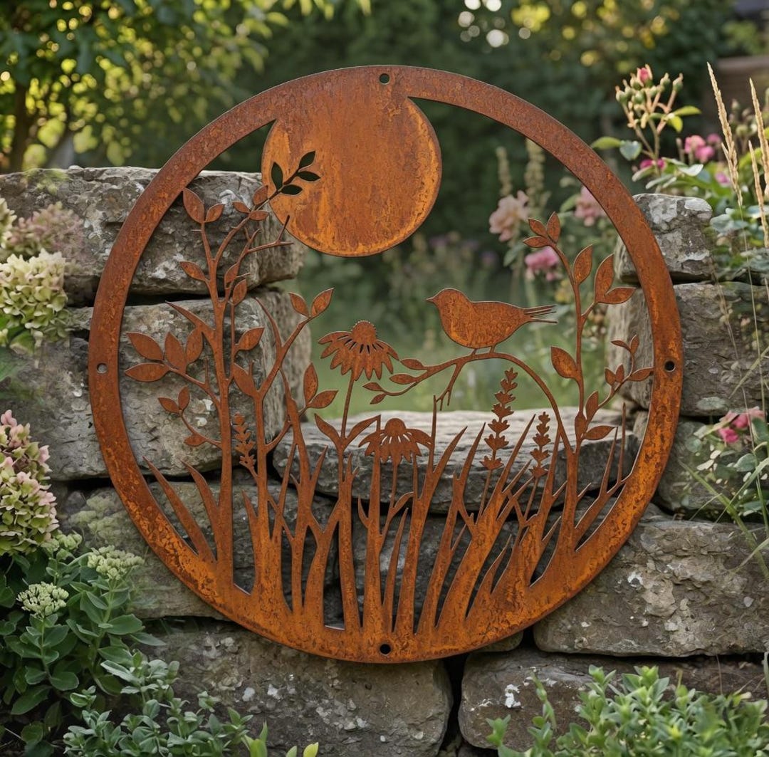 Moon and Bird Metal Wall Art, Rustic Garden Decor, Wildflower Outdoor ...