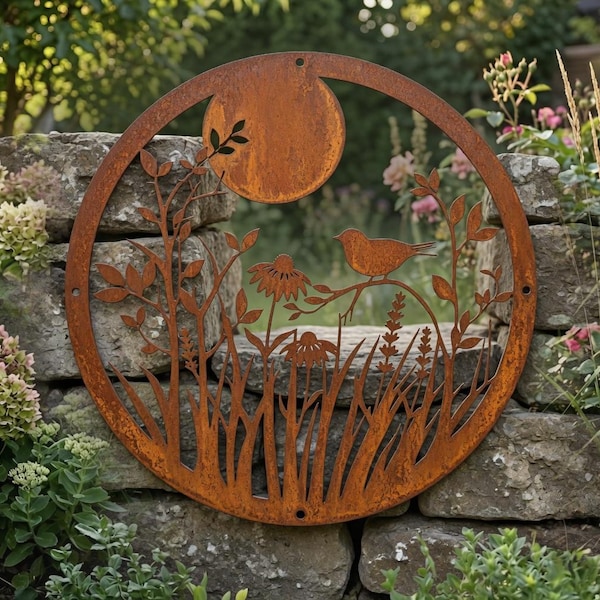Metalen muurkunst maan en vogel, rustiek tuindecor, buitenomheining met wilde bloemen