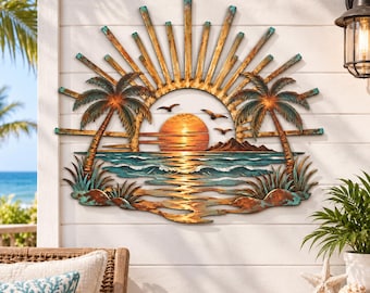 Southwest Desert Metal Wall Art, Cactus Sunburst Landscape Decor, Rustic Western Wall Hanging, Patio Home Decor